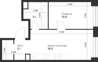 Планировка однокомнатной(квартира) площадью 39 квадратных метров в ЖК “ЖК Войс”