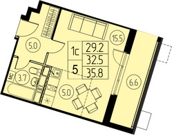 Планировка студии(квартира) площадью 32.4 квадратных метров в “ЖК River Park”