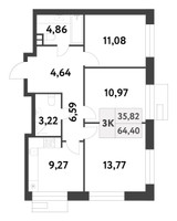 Планировка трехкомнатной(квартира) площадью 64.4 квадратных метров в “ЖК Smart Garden (Смарт Гарден)”