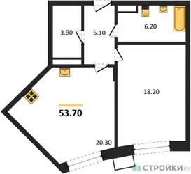 Планировка однокомнатной(квартира) площадью 53.7 квадратных метров в ЖК “ЖК Резиденции Сколково”