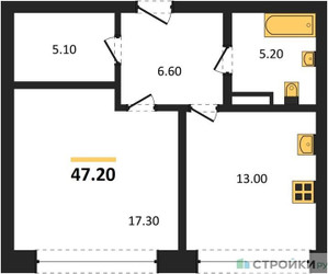 Планировка однокомнатной(квартира) площадью 47.2 квадратных метров в ЖК “ЖК AFI Park Воронцовский (Афи Парк)”