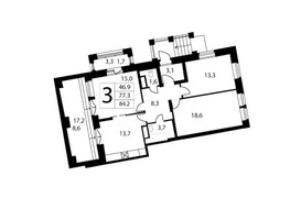 Планировка трехкомнатной(квартира) площадью 84.16 квадратных метров в ЖК “ЖК Город-событие Лайково”