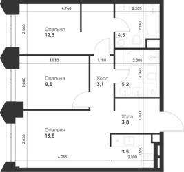 Планировка двухкомнатной(квартира) площадью 55.7 квадратных метров в ЖК “ЖК Войс”
