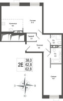 Планировка двухкомнатной(квартира) площадью 62.8 квадратных метров в “ЖК КИНОКВАРТАЛ”