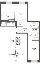 Планировка двухкомнатной(квартира) площадью 62.8 квадратных метров в ЖК “ЖК КИНОКВАРТАЛ”
