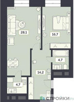 Планировка однокомнатной(квартира) площадью 68.6 квадратных метров в “ЖК Лайм”