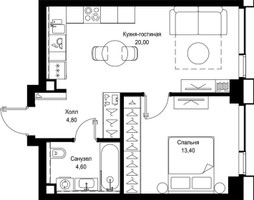 Планировка однокомнатной(квартира) площадью 42.8 квадратных метров в “Мультиквартал СИТИДЗЕН”