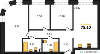 Планировка трехкомнатной(квартира) площадью 75.1 квадратных метров в “ЖК Shagal (Шагал)”