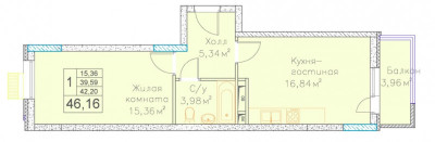Планировка однокомнатной(квартира) площадью 46.16 квадратных метров в ЖК “на Микояна, 54-57”