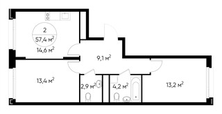 Планировка двухкомнатной(квартира) площадью 57.4 квадратных метров в “ЖК Переделкино Ближнее”