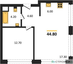 Планировка однокомнатной(квартира) площадью 44.8 квадратных метров в ЖК “ЖК НАЗАРÉ (Мангазея в Богородском)”