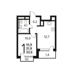 Планировка однокомнатной(квартира) площадью 33.6 квадратных метров в ЖК “Новые Ватутинки. Заречный”
