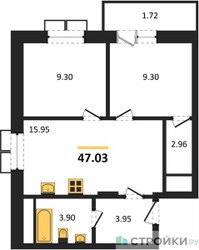 Планировка двухкомнатной(квартира) площадью 47.03 квадратных метров в ЖК “ЖК Радость (Радумля Парк)”