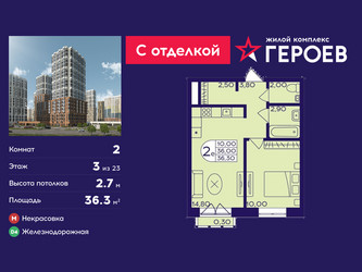 Планировка двухкомнатной(квартира) площадью 36.3 квадратных метров в ЖК “ЖК Героев”