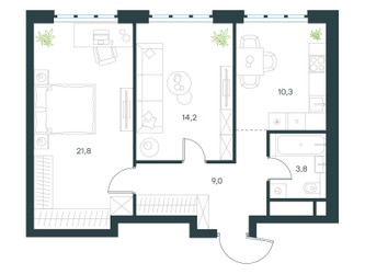 Планировка двухкомнатной(квартира) площадью 59.1 квадратных метров в ЖК “ЖК Левел Южнопортовая”