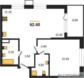 Планировка однокомнатной(квартира) площадью 62.4 квадратных метров в ЖК “ЖК Дзен-кварталы”
