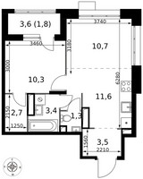 Планировка двухкомнатной(квартира) площадью 45.3 квадратных метров в “ЖК 1-й Саларьевский (Первый Саларьевский)”
