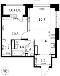 Планировка двухкомнатной(квартира) площадью 45.3 квадратных метров в ЖК “ЖК 1-й Саларьевский (Первый Саларьевский)”