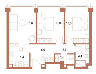 Планировка двухкомнатной(квартира) площадью 63.4 квадратных метров в ЖК “ЖК Symphony 34 (Симфония 34)”