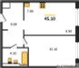 Планировка однокомнатной(квартира) площадью 45.1 квадратных метров в “ЖК Заречье Парк”
