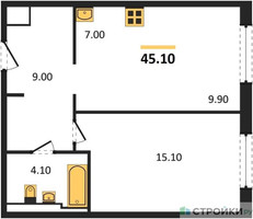 Планировка однокомнатной(квартира) площадью 45.1 квадратных метров в “ЖК Заречье Парк”