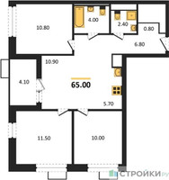 Планировка трехкомнатной(квартира) площадью 65 квадратных метров в “ЖК Скандинавия”