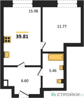 Планировка однокомнатной(квартира) площадью 39.81 квадратных метров в “ЖК Сезар Сити”