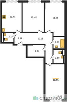 Планировка трехкомнатной(квартира) площадью 78.55 квадратных метров в “ЖК Мытищи Парк”