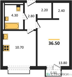 Планировка однокомнатной(апартаменты) площадью 36.5 квадратных метров в ЖК “ЖК Равновесие”