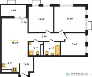 Планировка трехкомнатной(квартира) площадью 78.1 квадратных метров в “ЖК Скандинавия”
