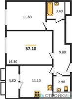 Планировка двухкомнатной(квартира) площадью 57.1 квадратных метров в “ЖК Римский”