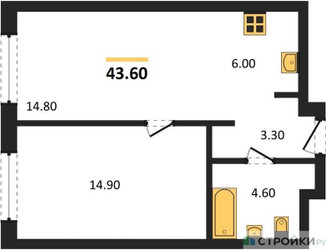 Планировка однокомнатной(квартира) площадью 43.6 квадратных метров в ЖК “ЖК Детали”