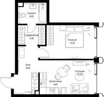 Планировка однокомнатной(квартира) площадью 46 квадратных метров в “ЖК СЕТ”