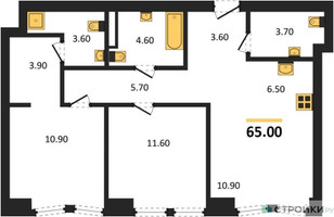 Планировка двухкомнатной(квартира) площадью 65 квадратных метров в “ЖК Мангазея на Тульской”