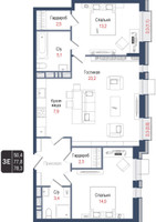 Планировка трехкомнатной(квартира) площадью 77.8 квадратных метров в “ЖК КИНОКВАРТАЛ”