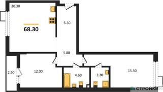 Планировка двухкомнатной(квартира) площадью 68.3 квадратных метров в “ЖК Деснаречье”