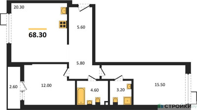 Планировка двухкомнатной(квартира) площадью 68.3 квадратных метров в ЖК “ЖК Деснаречье”