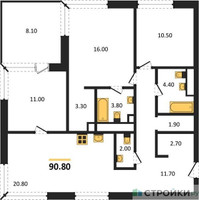 Планировка трехкомнатной(квартира) площадью 90.8 квадратных метров в “Кутузов Сити”