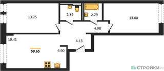 Планировка двухкомнатной(квартира) площадью 59.65 квадратных метров в “ЖК Квартал Западный”
