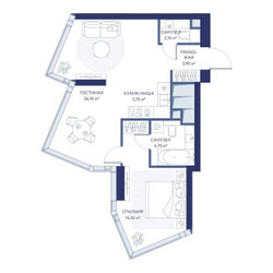 Планировка однокомнатной(квартира) площадью 54.8 квадратных метров в ЖК “ЖК ХАЙДАУТ”