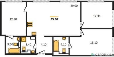 Планировка трехкомнатной(квартира) площадью 85.3 квадратных метров в ЖК “ЖК Wave (Вейв)”