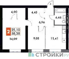Планировка двухкомнатной(квартира) площадью 58.38 квадратных метров в ЖК “ЖК Жаворонки Клаб”