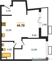 Планировка однокомнатной(квартира) площадью 44.7 квадратных метров в “ЖК Деснаречье”