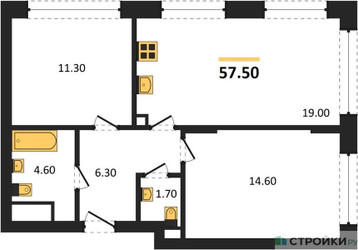 Планировка двухкомнатной(квартира) площадью 57.5 квадратных метров в ЖК “ЖК Wave (Вейв)”