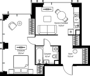 Планировка однокомнатной(квартира) площадью 50.6 квадратных метров в ЖК “ЖК Веер”