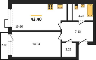 Планировка однокомнатной(квартира) площадью 43.4 квадратных метров в “ЖК Катуар”