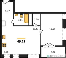Планировка однокомнатной(квартира) площадью 49.21 квадратных метров в “ЖК Дюна”