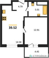 Планировка однокомнатной(квартира) площадью 39.52 квадратных метров в “ЖК ВОСТОК II”