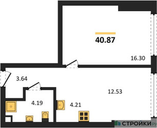 Планировка однокомнатной(квартира) площадью 40.87 квадратных метров в ЖК “ЖК Солос”