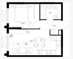 Планировка однокомнатной(квартира) площадью 35.5 квадратных метров в “ЖК Зеленый парк”